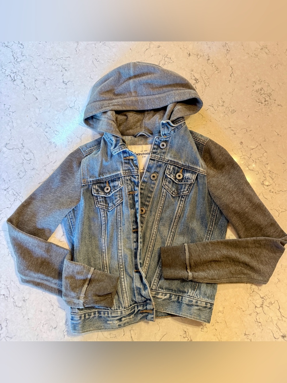 Abercrombie & Fitch Light Blue Denim Jacket with Gray Hood & Sleeves